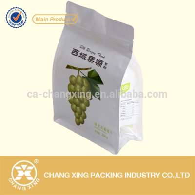 White finish food grade block bottom side gusset plastic packing bag for raisins/nuts/snack packaging manufacturer